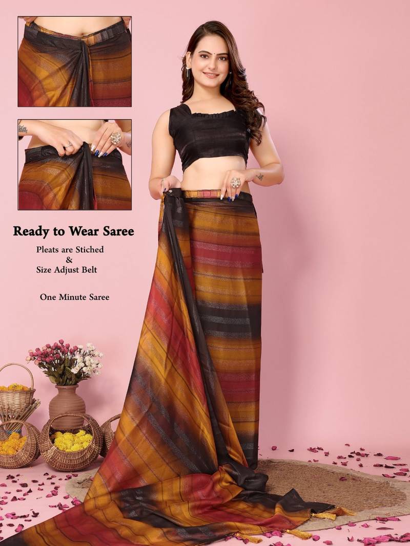Musturd-multicolor nylon  pre stitch one minute ready to wear saree with un-stitch blouse