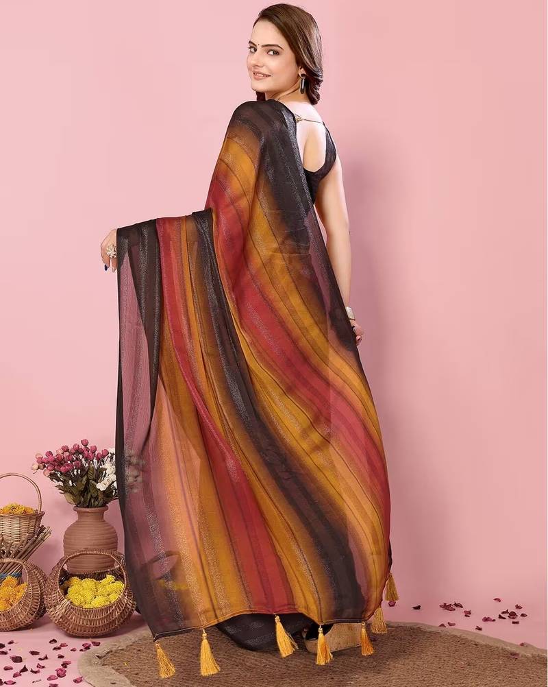 Musturd-multicolor nylon  pre stitch one minute ready to wear saree with un-stitch blouse