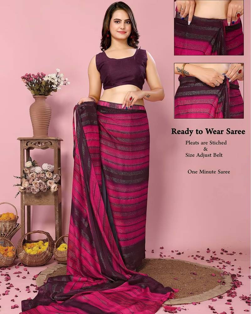 Pink-multicolor nylon  pre stitch one minute ready to wear saree with un-stitch blouse