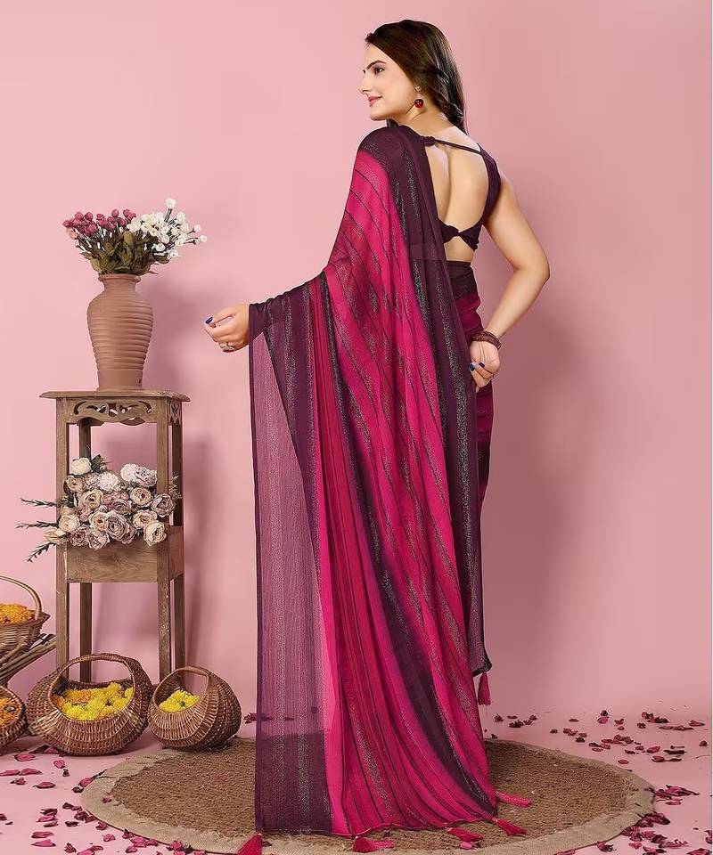 Pink-multicolor nylon  pre stitch one minute ready to wear saree with un-stitch blouse