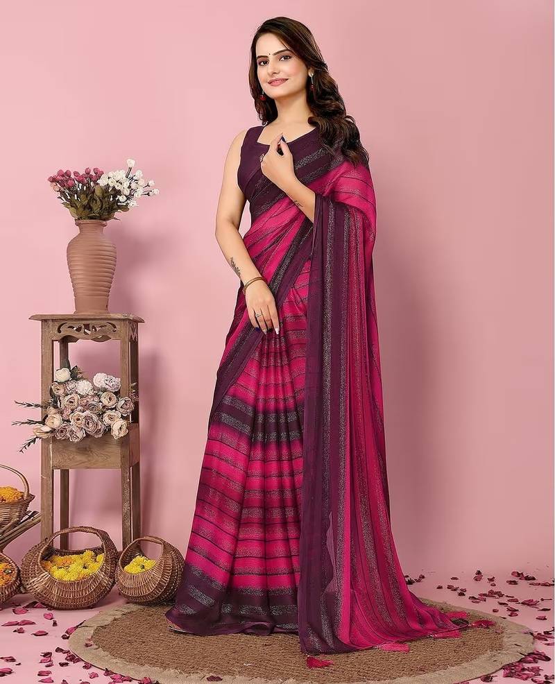 Pink-multicolor nylon  pre stitch one minute ready to wear saree with un-stitch blouse
