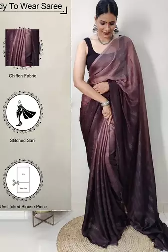 brown-multicolor nylon pre stitch one minute ready to wear saree