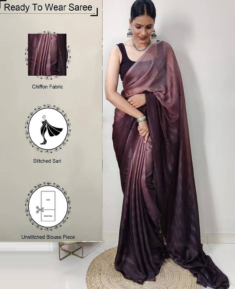 Brown-multicolor nylon  pre stitch one minute ready to wear saree with un-stitch blouse