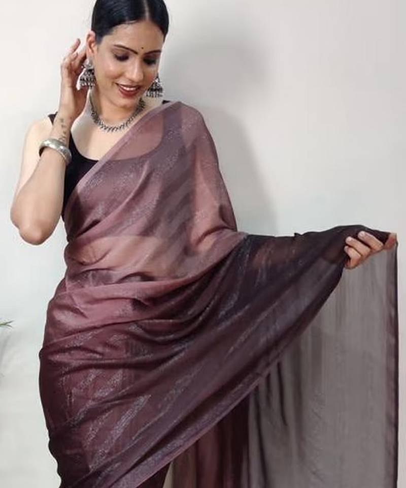 Brown-multicolor nylon  pre stitch one minute ready to wear saree with un-stitch blouse