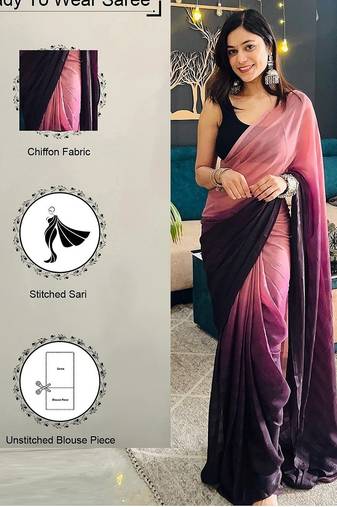 Pink-multicolor nylon  pre stitch one minute ready to wear saree with un-stitch blouse