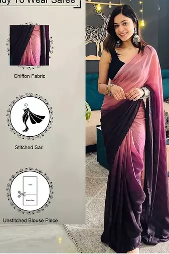 Pink-multicolor nylon  pre stitch one minute ready to wear saree with un-stitch blouse