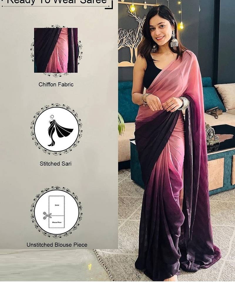 Pink-multicolor nylon  pre stitch one minute ready to wear saree with un-stitch blouse