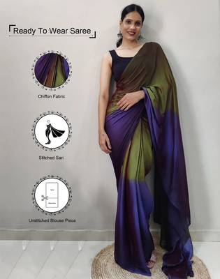 mehendi green-blue nylon pedding printed pre drape one minute saree 1