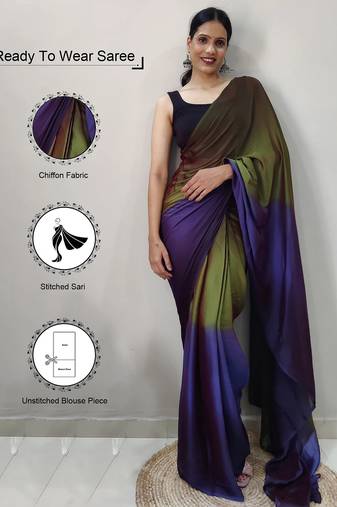 Mehendi green-blue color nylon  pedding printed pre drape one minute saree with un-stitch blouse