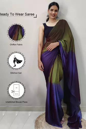 Mehendi green-blue color nylon  pedding printed pre drape one minute saree with un-stitch blouse