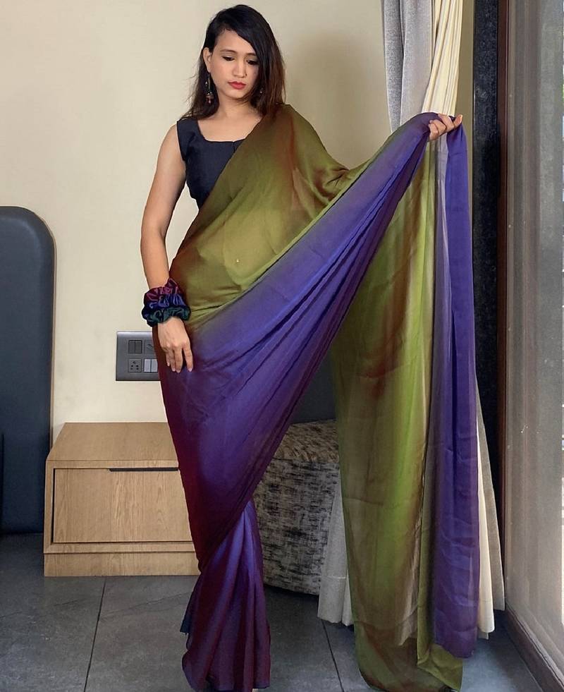 Mehendi green-blue color nylon  pedding printed pre drape one minute saree with un-stitch blouse