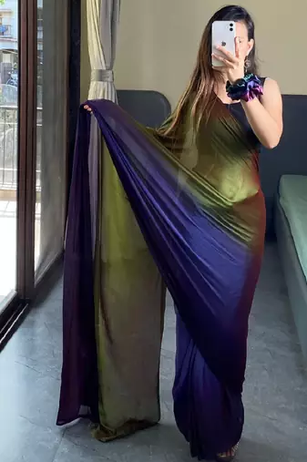 mehendi green-blue nylon pedding printed pre drape one minute saree