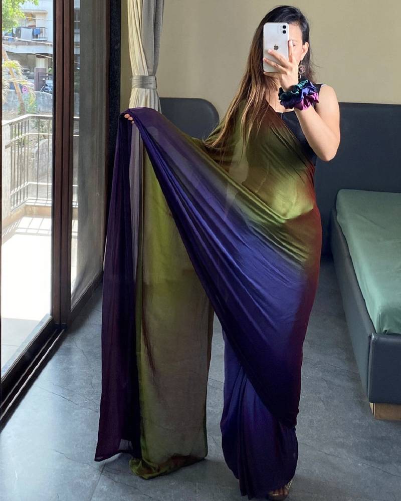 Mehendi green-blue color nylon  pedding printed pre drape one minute saree with un-stitch blouse