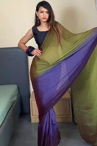 mehendi green-blue nylon pedding printed pre drape one minute saree