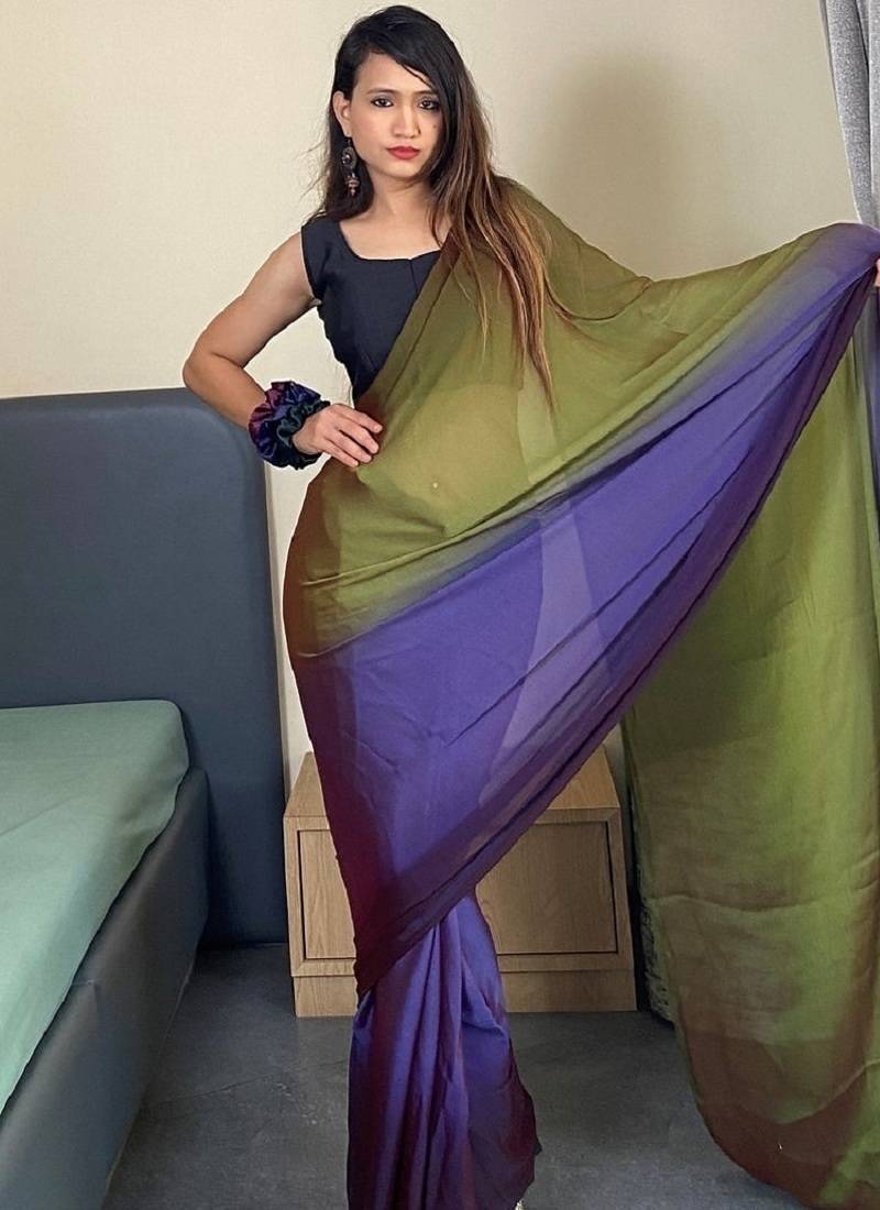 Mehendi green-blue color nylon  pedding printed pre drape one minute saree with un-stitch blouse
