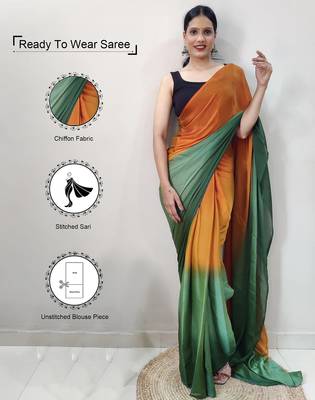 green-musturd nylon pedding printed pre drape one minute saree 2