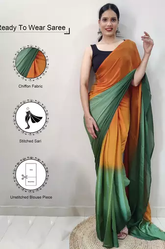 green-musturd nylon pedding printed pre drape one minute saree