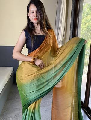 green-musturd nylon pedding printed pre drape one minute saree 3