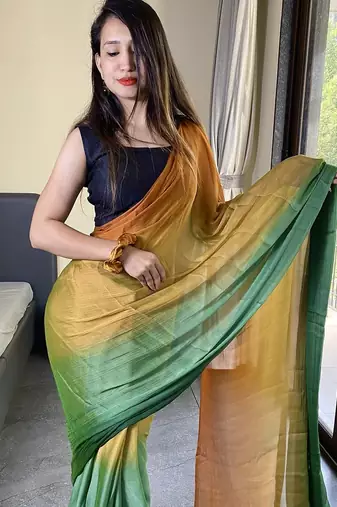 green-musturd nylon pedding printed pre drape one minute saree