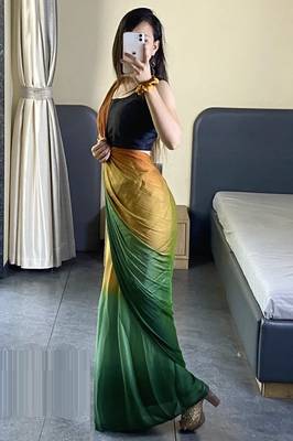 green-musturd nylon pedding printed pre drape one minute saree 4