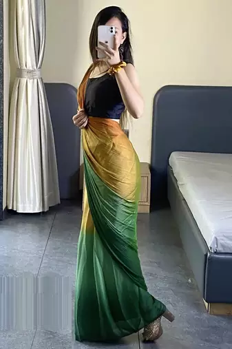 green-musturd nylon pedding printed pre drape one minute saree