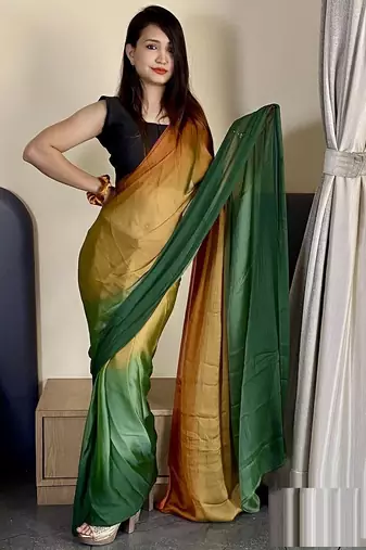 green-musturd color nylon  pedding printed pre drape one minute saree with un-stitch blouse