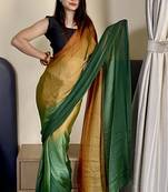 green-musturd color nylon  pedding printed pre drape one minute saree with un-stitch blouse