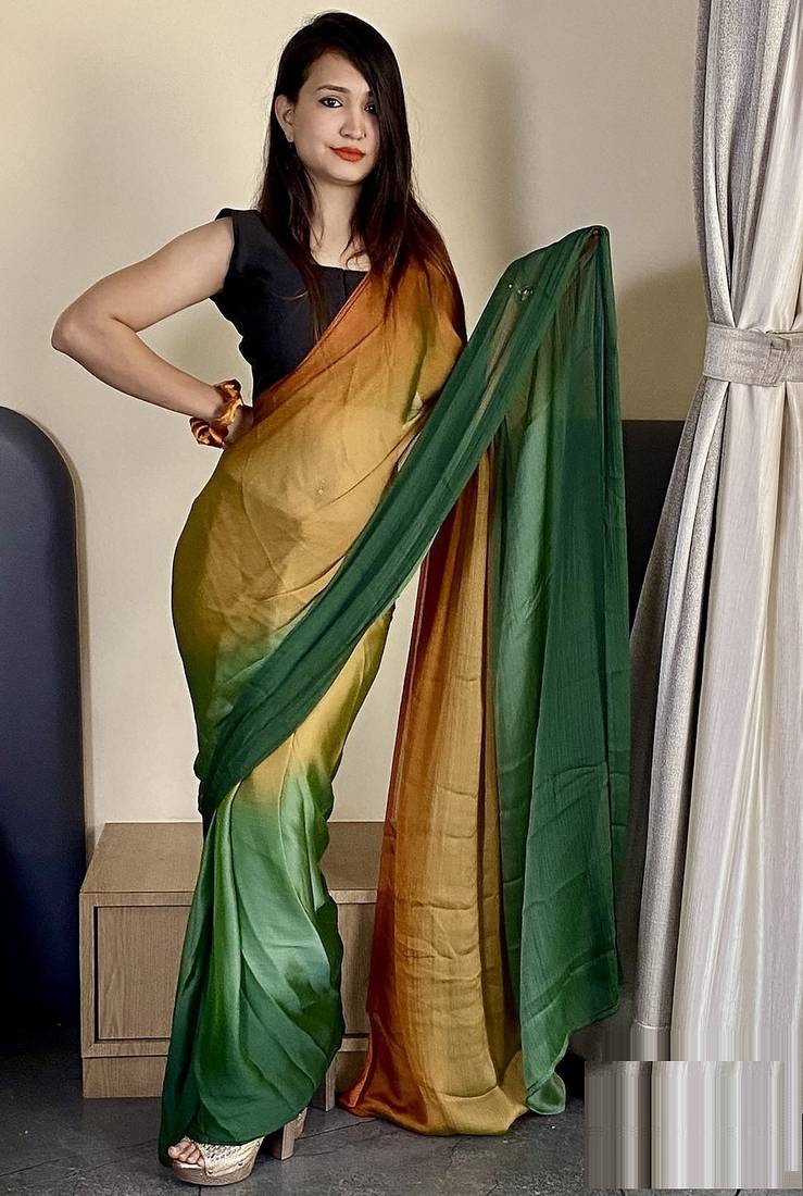 green-musturd color nylon  pedding printed pre drape one minute saree with un-stitch blouse