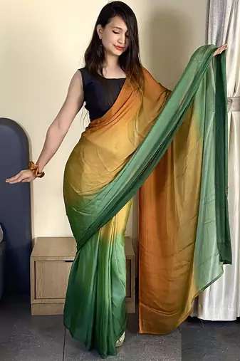 green-musturd nylon pedding printed pre drape one minute saree