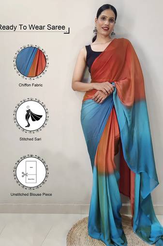 orange-skyblue color nylon  pedding printed pre drape one minute saree with un-stitch blouse