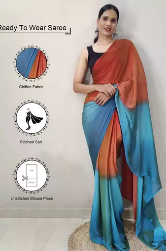 orange-skyblue color nylon  pedding printed pre drape one minute saree with un-stitch blouse