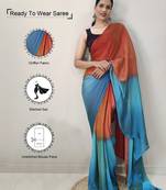 orange-skyblue color nylon  pedding printed pre drape one minute saree with un-stitch blouse
