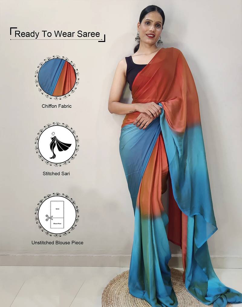 orange-skyblue color nylon  pedding printed pre drape one minute saree with un-stitch blouse