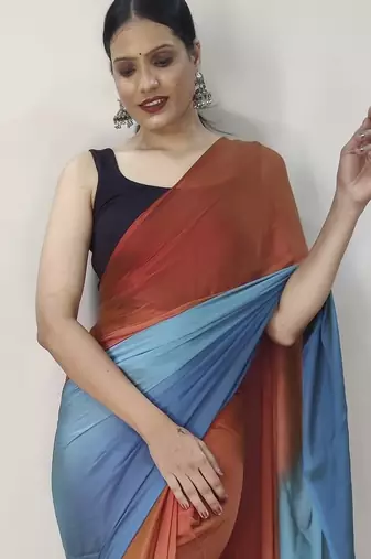 orange-skyblue nylon pedding printed pre drape one minute saree