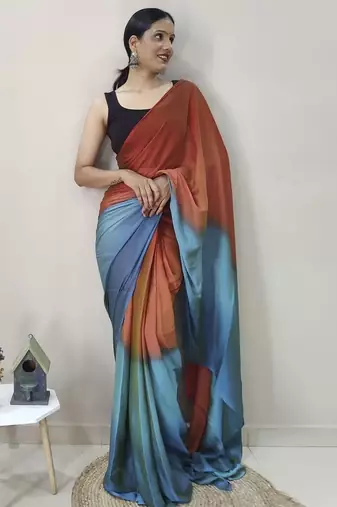 orange-skyblue nylon pedding printed pre drape one minute saree