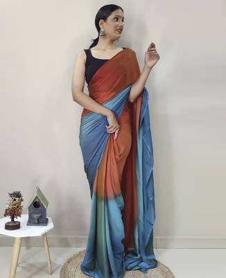 orange-skyblue nylon pedding printed pre drape one minute saree 4