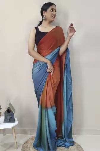 orange-skyblue nylon pedding printed pre drape one minute saree