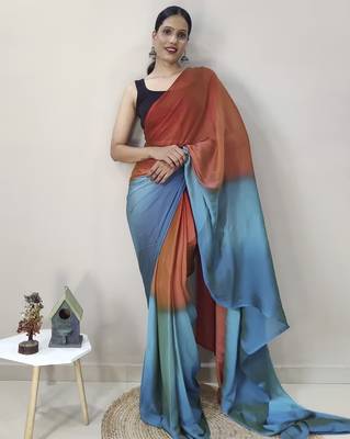 orange-skyblue nylon pedding printed pre drape one minute saree 5