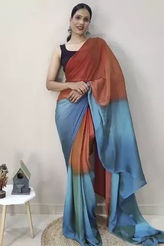 orange-skyblue nylon pedding printed pre drape one minute saree