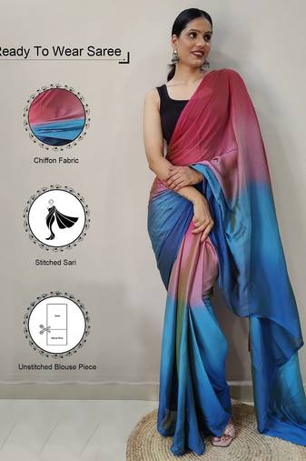 pink-skyblue nylon pedding printed pre drape one minute saree
