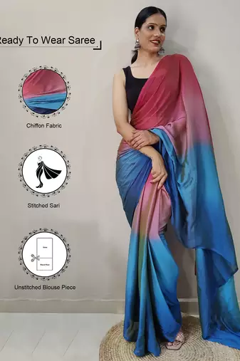 pink-skyblue color nylon  pedding printed pre drape one minute saree with un-stitch blouse