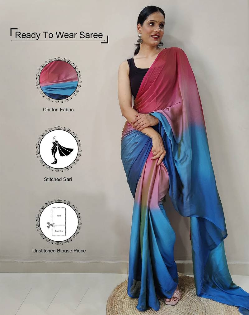 pink-skyblue color nylon  pedding printed pre drape one minute saree with un-stitch blouse