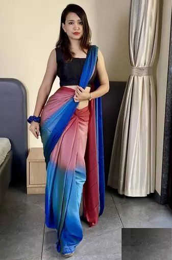 pink-skyblue nylon pedding printed pre drape one minute saree