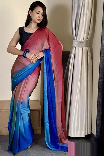 pink-skyblue nylon pedding printed pre drape one minute saree