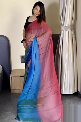pink-skyblue nylon pedding printed pre drape one minute saree
