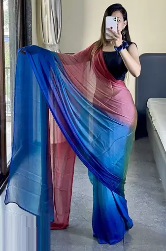 pink-skyblue nylon pedding printed pre drape one minute saree
