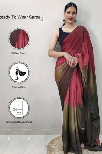 red-multicolor color nylon  pedding printed pre drape one minute saree with un-stitch blouse