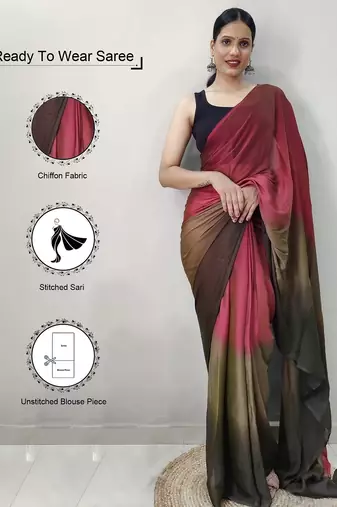 red-multicolor color nylon  pedding printed pre drape one minute saree with un-stitch blouse