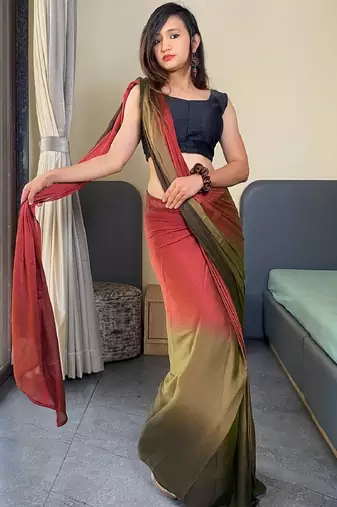 red-multicolor nylon pedding printed pre drape one minute saree