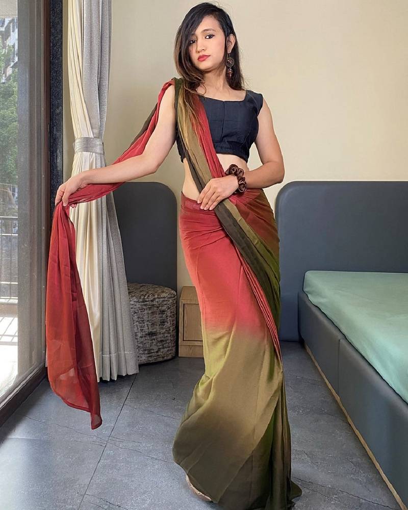 red-multicolor color nylon  pedding printed pre drape one minute saree with un-stitch blouse